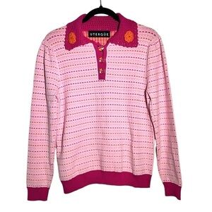 Uterqüe Uterque Pink Textured  Crochet Collar Sweater Large